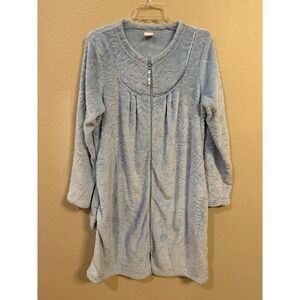 Womens Blue Rose Embossed Plush Fleece Robe Zipper Front Pockets Size Medium